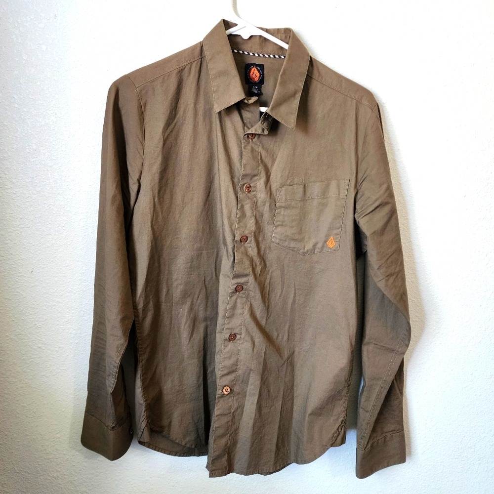 Volcom long sleeve button-up skate brand t-shirt brown color size small petite
